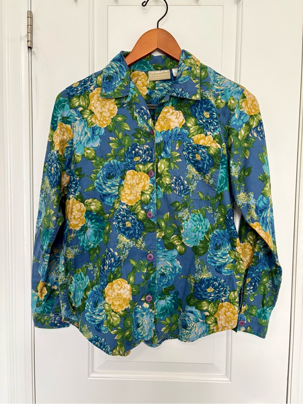 100% Cotton Blue Floral Button-Down with Yellow Blooms